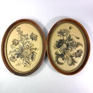 2 Vintage IBF CO Framed Lithographs Wall Hanging Round Flowers Floral Plants